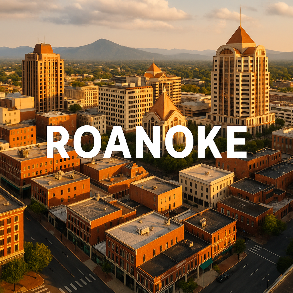 Aerial view of downtown Roanoke, Virginia, featuring historic market buildings, city skyline, and surrounding Blue Ridge Mountains.